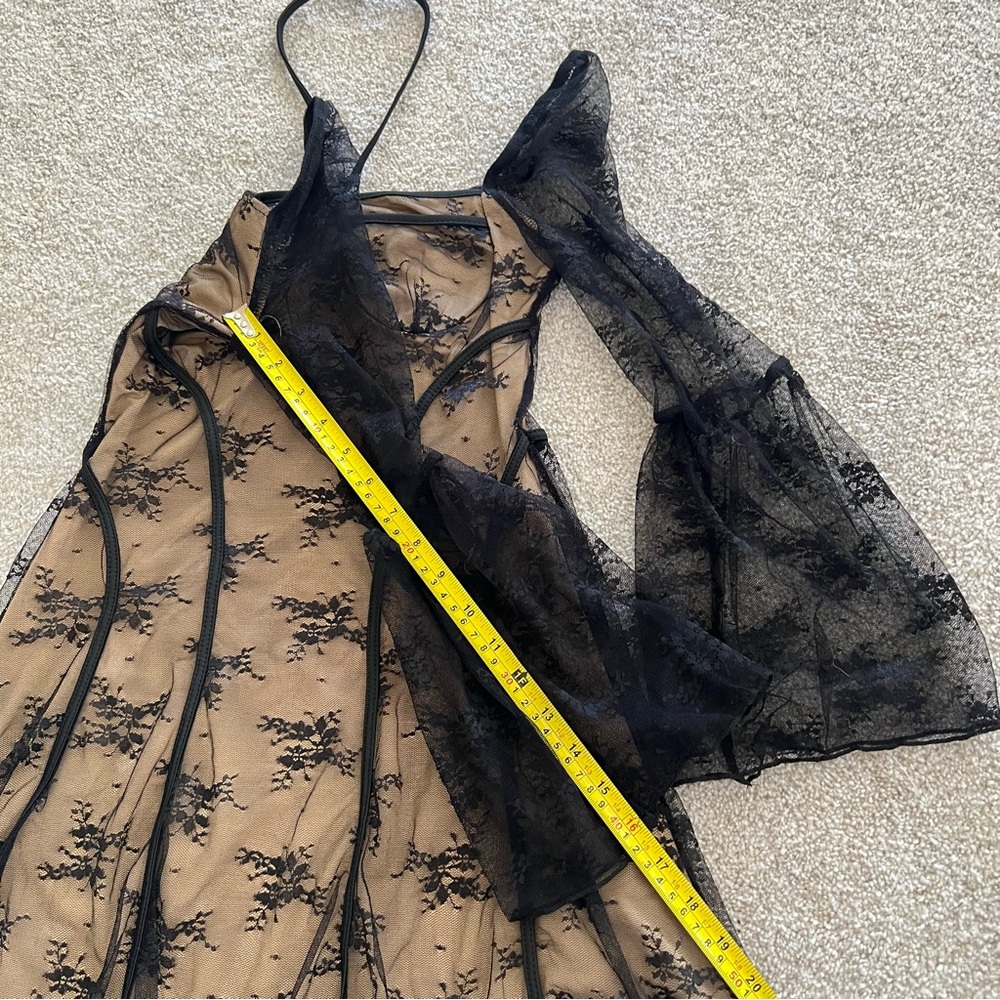 Whimsygoth Black Lace Overlay Fitted Mini Dress with Lace Bell Sleeves NWT - Picture 9 of 10